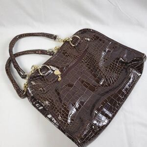 Brown Studded Faux Croc Tote Purse Gold Chain Handles Glam Satchel 13x11